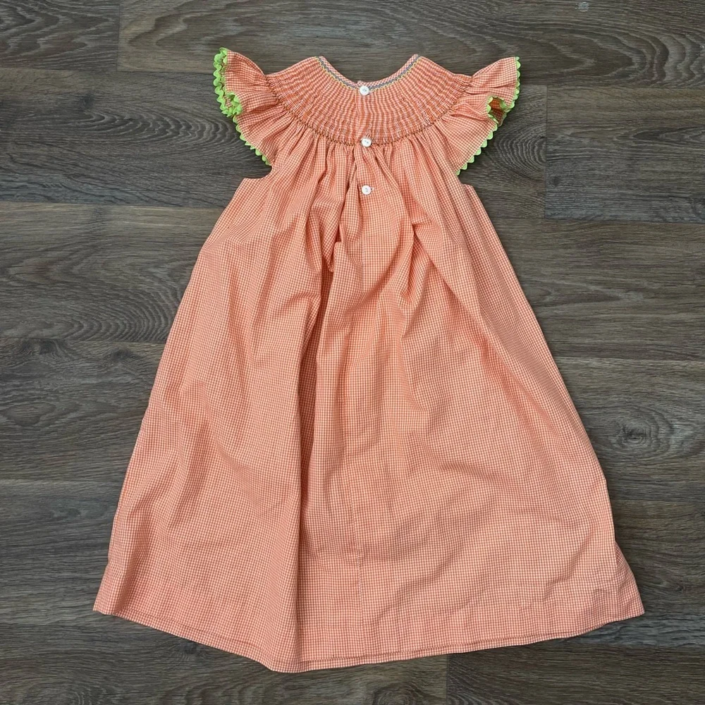 Mom & Me Smocked Orange Gingham Embroidered Fall Dress Girls Size 4